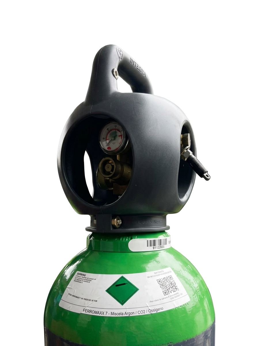 Bombola Integra verde con maniglione di protezione, indicatore di livello, riduttore incorporato e attacco rapido
